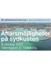 Inbjudan till träffen Affärsmöjligheter på sydkusten den 6 oktober 2022 i Trelleborg, med flygbild över hamnen