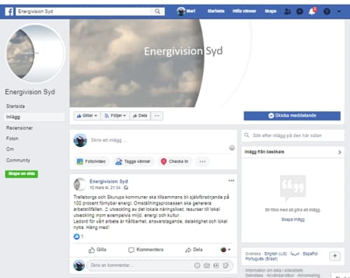Skärmbild av Energivision Syds Facebook-sida