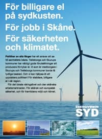 Framsidan av Energivision Syds folder: För billigare el på sydkusten, för jobb i Skåne, för säkerheten och klimatet